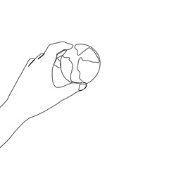 Continuous one line art drawing hands hold Earth globe. Save and protect earth planet linear concept. Vector illustration isolated on white background.