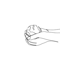 Continuous one line art drawing hands hold Earth globe. Save and protect earth planet linear concept. Vector illustration isolated on white background.