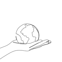 Continuous one line art drawing hands hold Earth globe. Save and protect earth planet linear concept. Vector illustration isolated on white background.