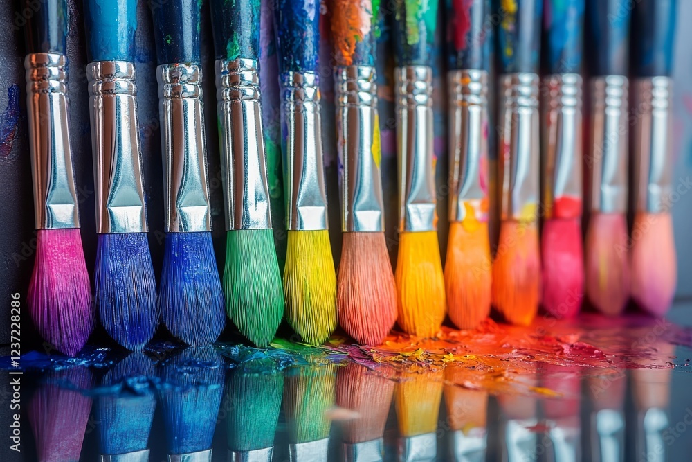 Poster rainbow palette: vibrant paintbrushes submerged in a spectrum of colors for artistic creation and ex