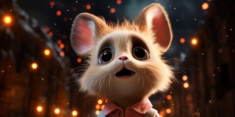 Adorable mouse, night city lights, curious gaze, film still.