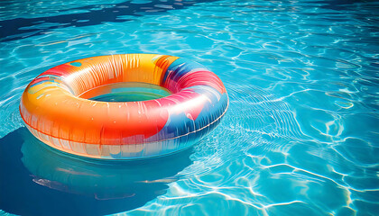 Vibrant inflatable ring floats serenely in a sparkling blue swimming pool.  Perfect for summer, vacation, relaxation, and pool party themes. Ideal for websites, travel brochures, and social media.