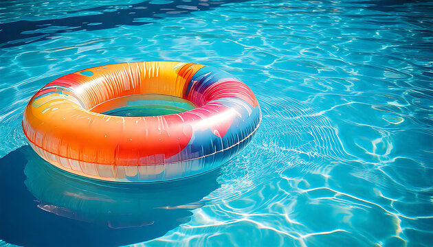 Vibrant inflatable ring floats serenely in a sparkling blue swimming pool.  Perfect for summer, vacation, relaxation, and pool party themes. Ideal for websites, travel brochures, and social media.