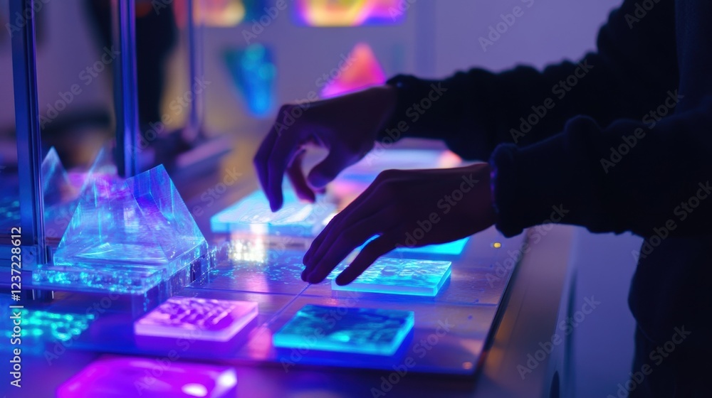 Poster engineer is working on an innovative interactive display, touching illuminated tiles and prisms, sho