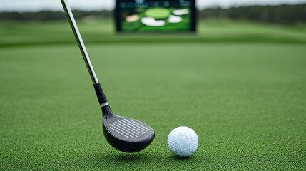 Close-up of a golf club poised to strike a ball on a pristine green with a digital screen in background