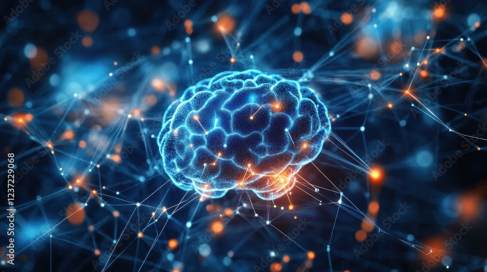 Poster glowing brain with neural network connections in futuristic digital visualization