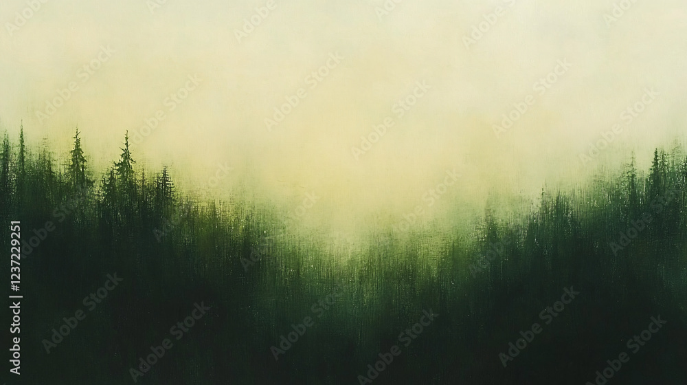 Poster abstract atmospheric painting of a misty green forest with soft blended textures creating a serene a