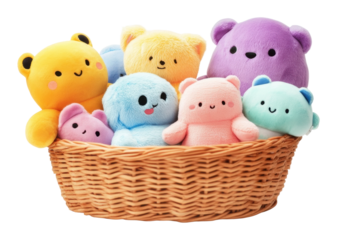 Cute plush toys arranged in a woven basket isolated on transparent background