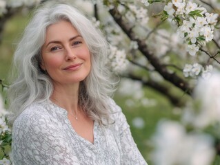 Smiling, older woman enjoying spring's blossoms and the peacefulness of nature.