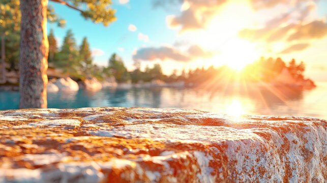 Sunset lake view, rocky surface, pine trees, peaceful scene, product display - Powered by Adobe