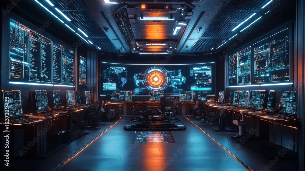 Aufkleber futuristic control center with high-tech computer screens and glowing interface
