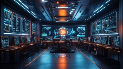 Futuristic control center with high-tech computer screens and glowing interface