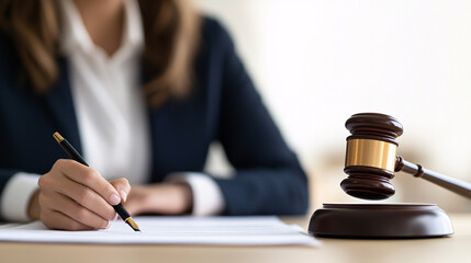 Professional woman writing legal documents with a gavel on the table in a courtroom setting