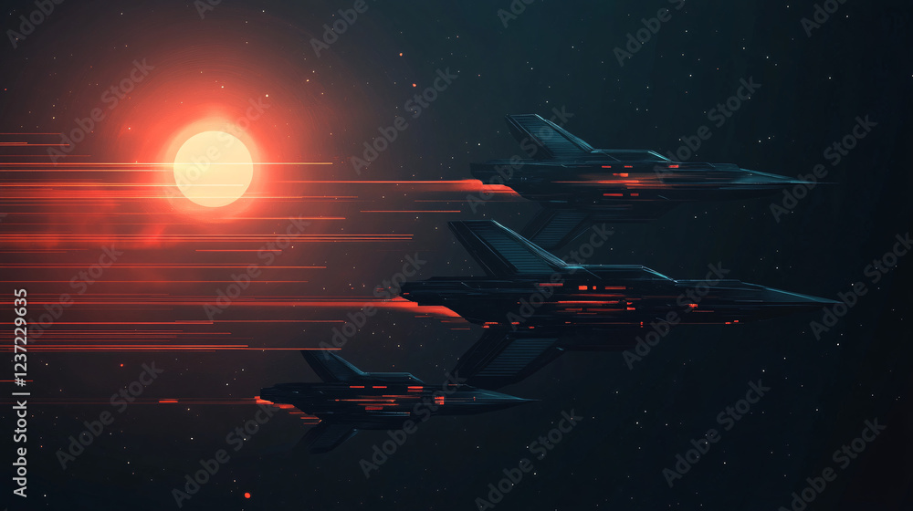 Poster futuristic spacecraft flying past a glowing red sun with motion blur creating a dynamic and cinemati