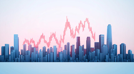 Obraz premium Urban skyline with financial graph overlay, depicting market trends at sunset