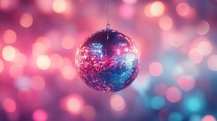 A classic disco ball with bright, colorful reflections, set against a pink and purple glowing background. Ideal for nightlife, parties, and music-themed content.