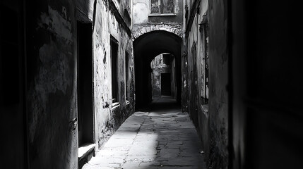 Obraz premium A dim-lit alley with shadows that obscure the way forward, creating a sense of doubt about what is hidden around the corner (2)