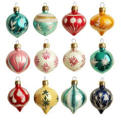 Vintage christmas ornaments with intricate patterns and festive colors on transparent background isolated png