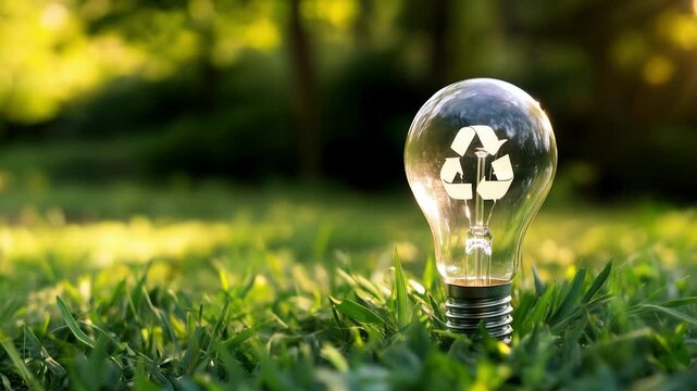Rotating shot of light bulb with recycle symbol on green grass &ndash; eco energy concept