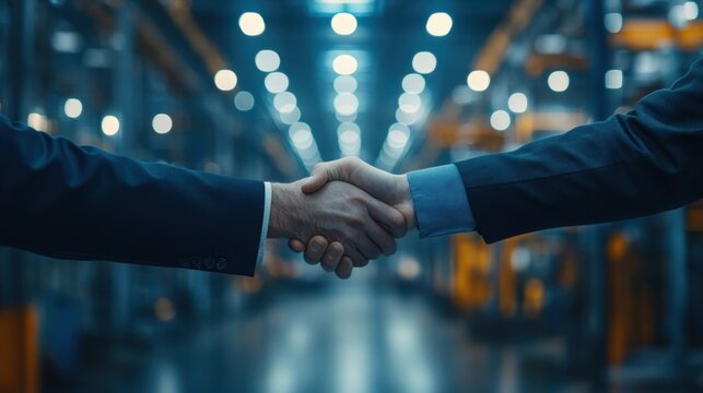 Two businessmen shaking hands in a modern industrial factory, celebrating a successful partnership and agreement while highlighting innovation in manufacturing and production processes