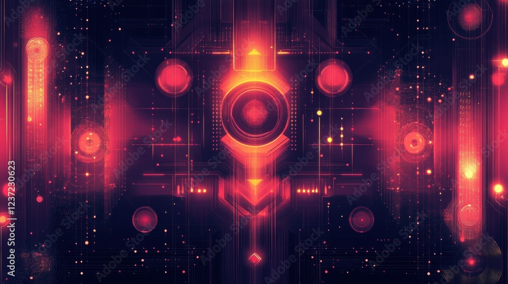Poster futuristic abstract digital art with glowing red and orange geometric patterns and lines