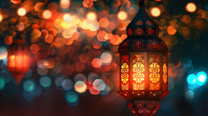 Fototapeta premium A decorative lantern glowing amidst a colorful bokeh background.