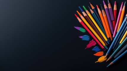 Fototapeta premium Colorful pencils and paint strokes on dark background, art supplies, creative hobby