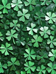 Decorative shamrocks for St. Patrick's Day celebration, featuring a pattern of four leaf clovers with a textured green background and silver beads.