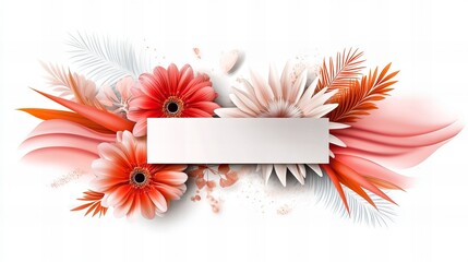 Obraz premium Vibrant gerbera daisies and tropical leaves create a stunning floral arrangement with a blank space for your text.