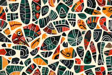 Fototapeta premium african tribal pattern, a digital illustration of vibrant african tribal designs in a fine art print style, with an earthy color palette, seamless tileable design