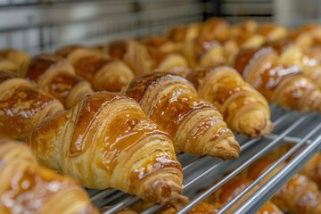 Freshly baked croissants tempt customers at the local bakery display in the early morning light