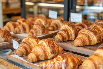 Freshly baked croissants displayed in a bakery showcasing golden flaky layers and tempting aromas