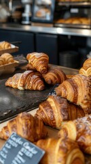 Freshly baked croissants displayed in a vibrant bakery at midday