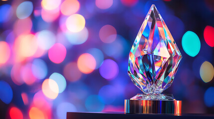 A crystal trophy with a multi-faceted surface, reflecting colorful lights as it rests on a podium during an awards ceremony (2)