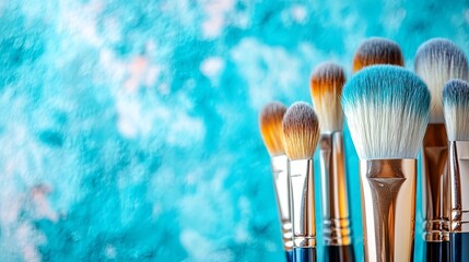 Fototapeta premium Collection of makeup brushes arranged against a vibrant blue textured background showcasing artistic beauty tools