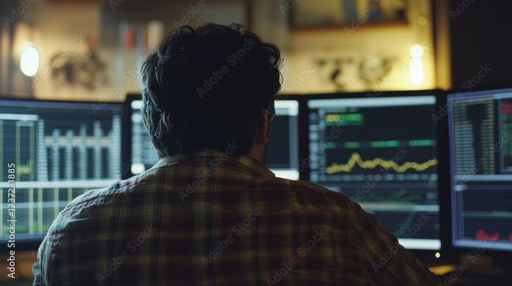 Aufkleber back view of financial analyst working late at night in his office, analyzing charts and data displa