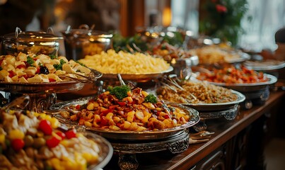 Obraz premium A sumptuous buffet table filled with various delicious dishes and ornate platters