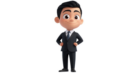 Obraz premium Smiling cartoon businessman character standing with hands on hips on transparent background