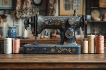 Fototapeta premium The Charming Elegance of a Vintage Sewing Machine on a Rustic Wooden Table