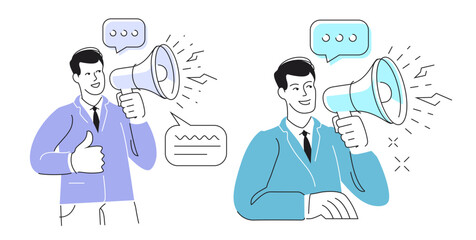 Businessman speaks into loudspeaker, megaphone. Promotion, offer, business proposal