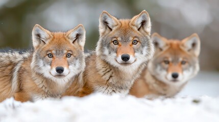 Obraz premium Coyotes in snowy winter forest, wildlife scene