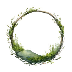 Nature-themed circular wreath design with moss and twigs isolated png
