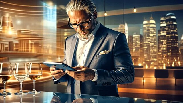 Sophisticated man checking phone at a modern city bar