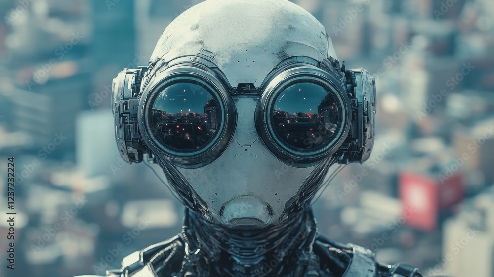 Poster futuristic robot with large goggles overlooking cityscape in background