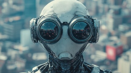 Futuristic robot with large goggles overlooking cityscape in background