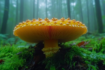Fototapeta premium Enchanting Wild Mushroom Amidst Lush Mossy Forest, Nature's Serene Beauty Captured in a Single Frame