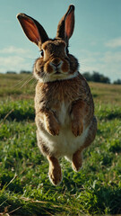 Rabbit Leaping Through a Vibrant Green Field