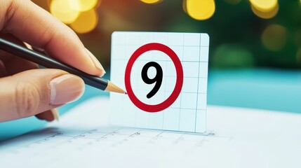 Focused Hand Holding Pencil Marking Number Nine