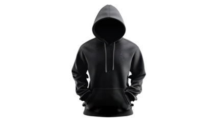 Black hoodie mockup with transparent background featuring hands in pockets