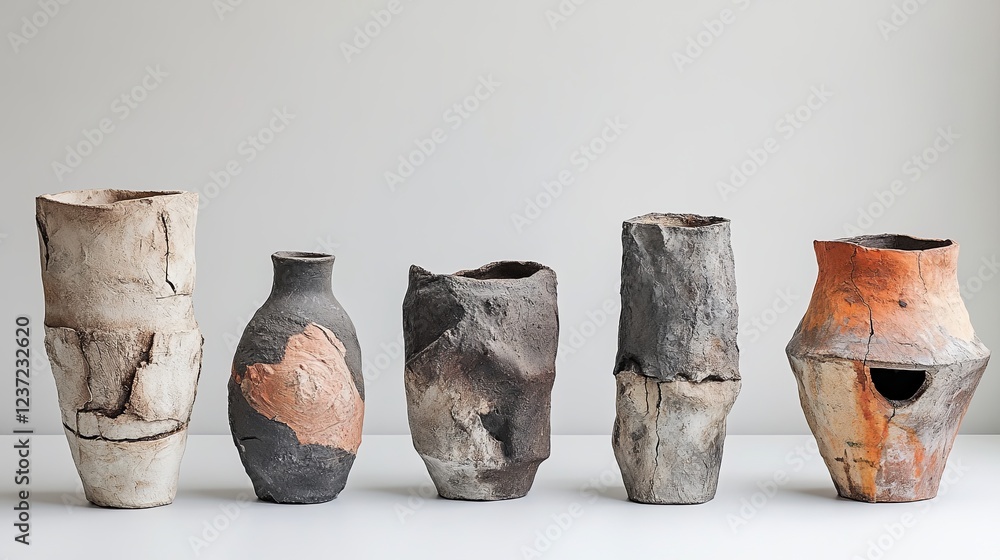 Poster unique collection of handmade vases displayed on a minimalist table with neutral background in a mod
